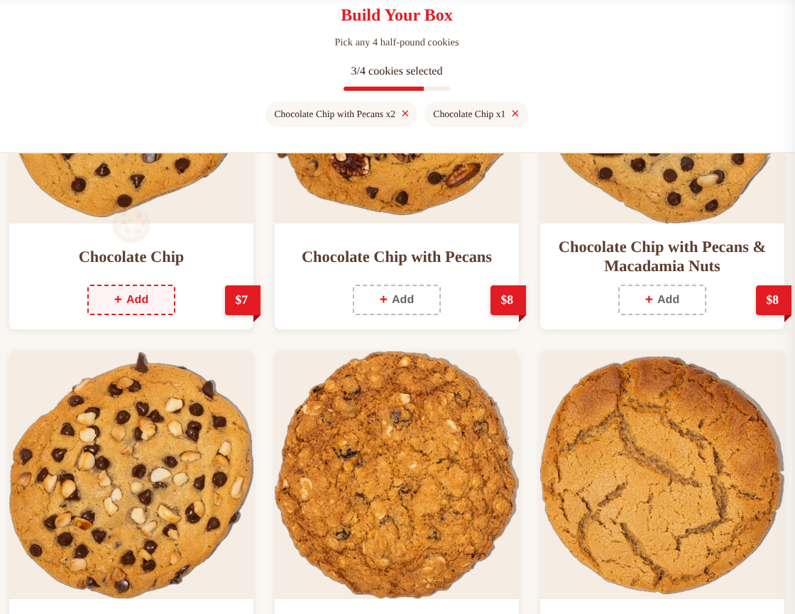 Mattheessen’s custom cookie box builder showing selected cookies and available flavors