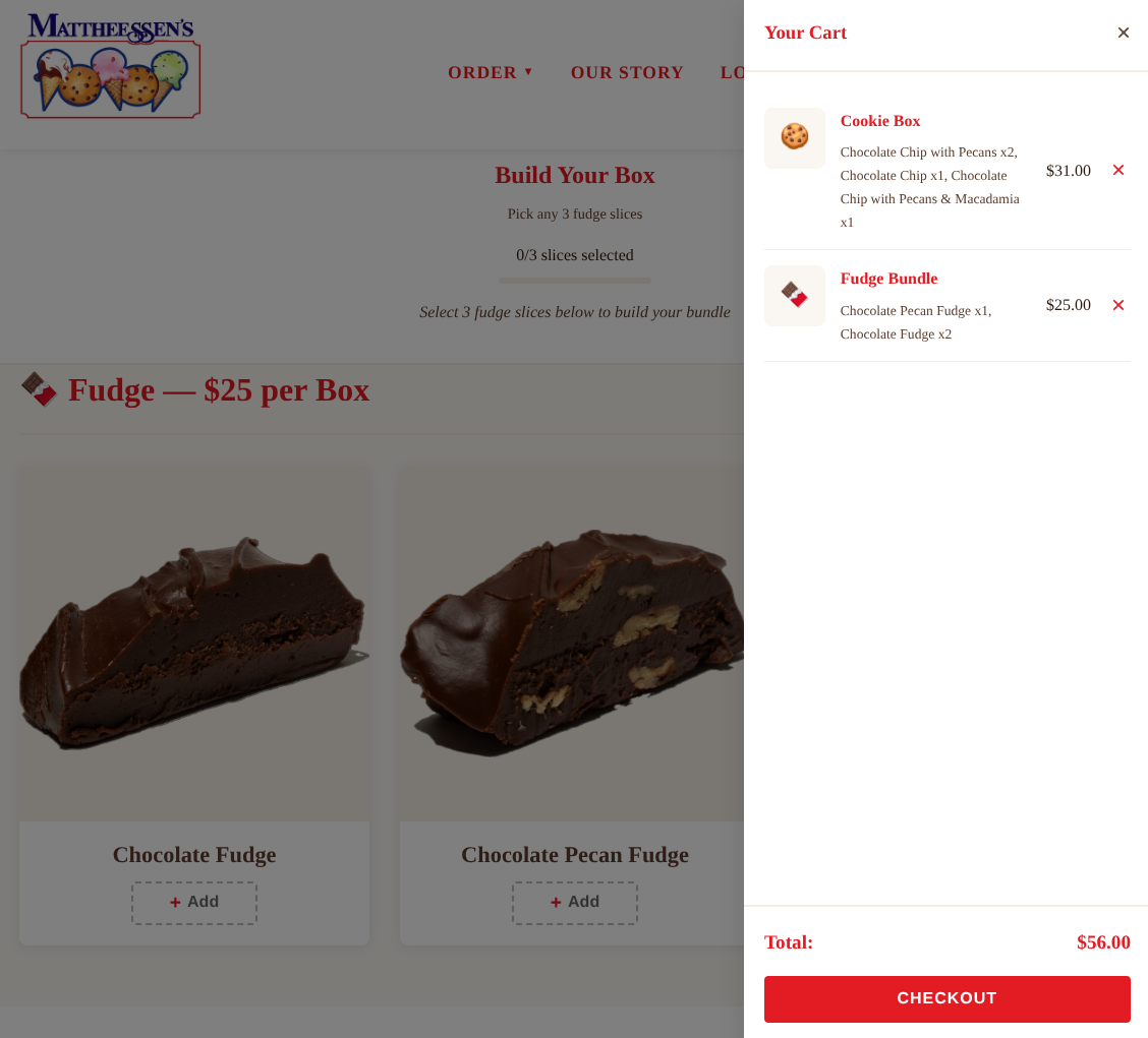 Mattheessen’s shopping cart with a cookie box, fudge bundle, order total, and checkout button