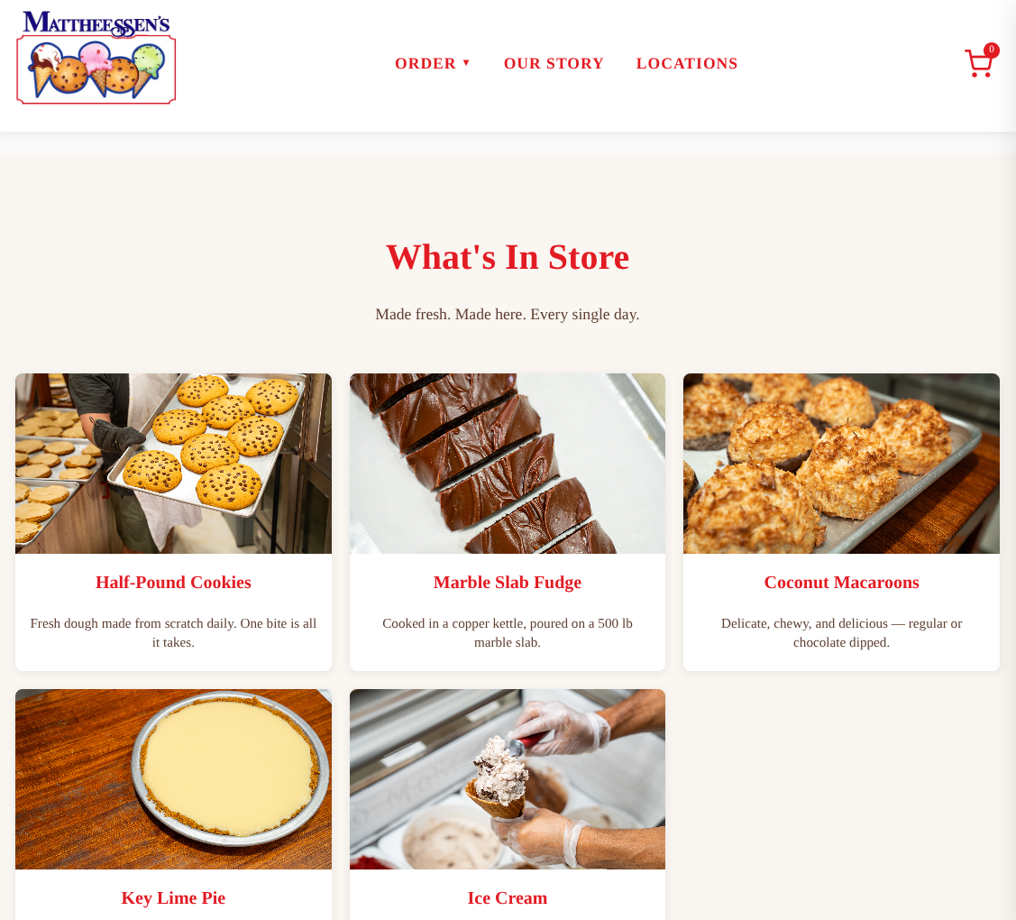 Mattheessen’s website showing cookies, fudge, macaroons, pie, and ice cream