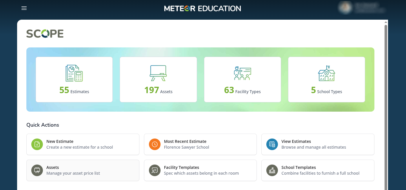 Scope dashboard showing estimates, assets, facility types, school types, and quick actions