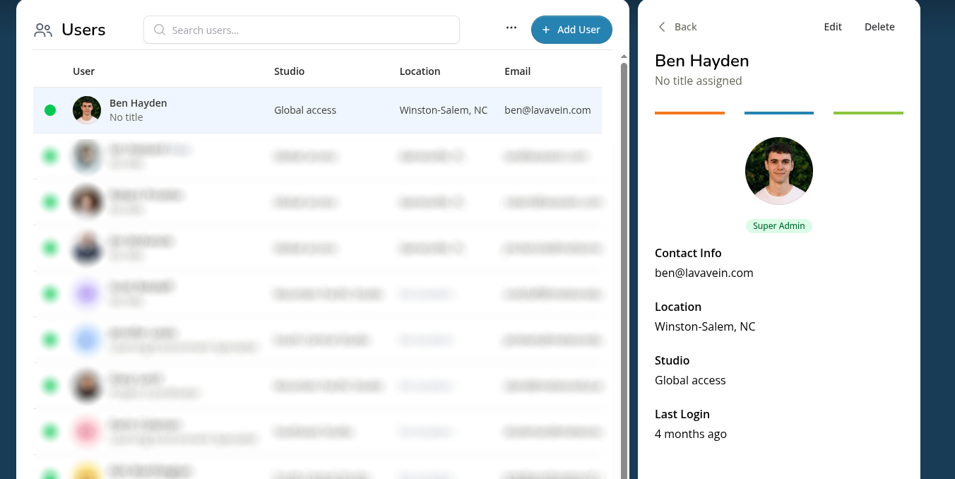 Scope user management table and profile panel