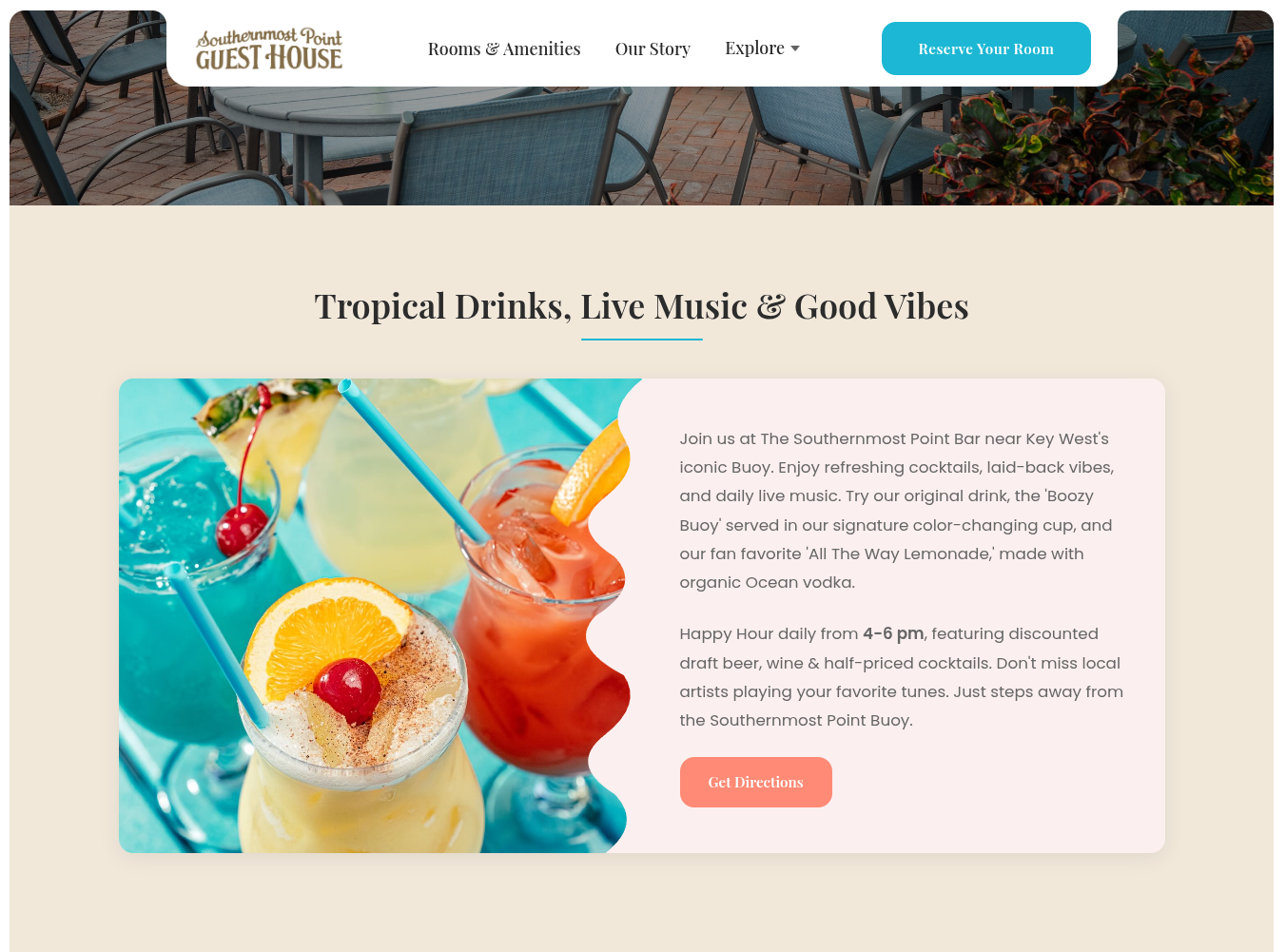 Southernmost Point Guest House bar page with colorful cocktails and a description of live music
