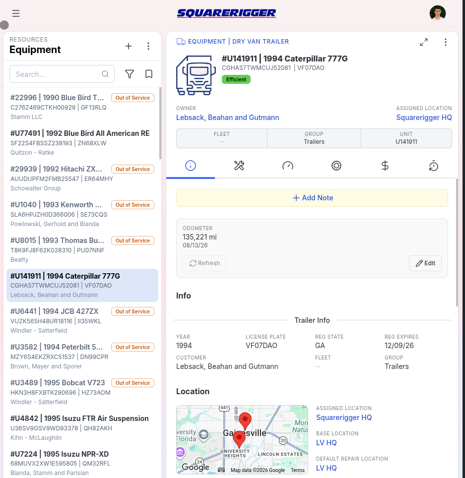 Squarerigger equipment record with vehicle details, odometer, and assigned location