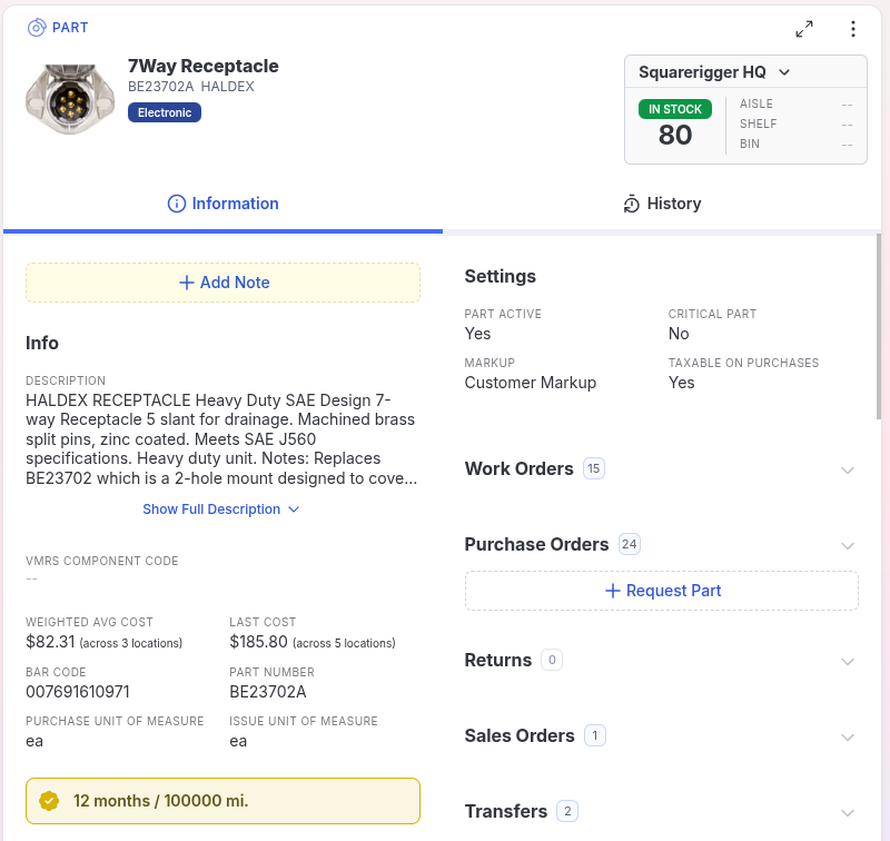 Squarerigger part record showing stock, purchase history, and related work orders