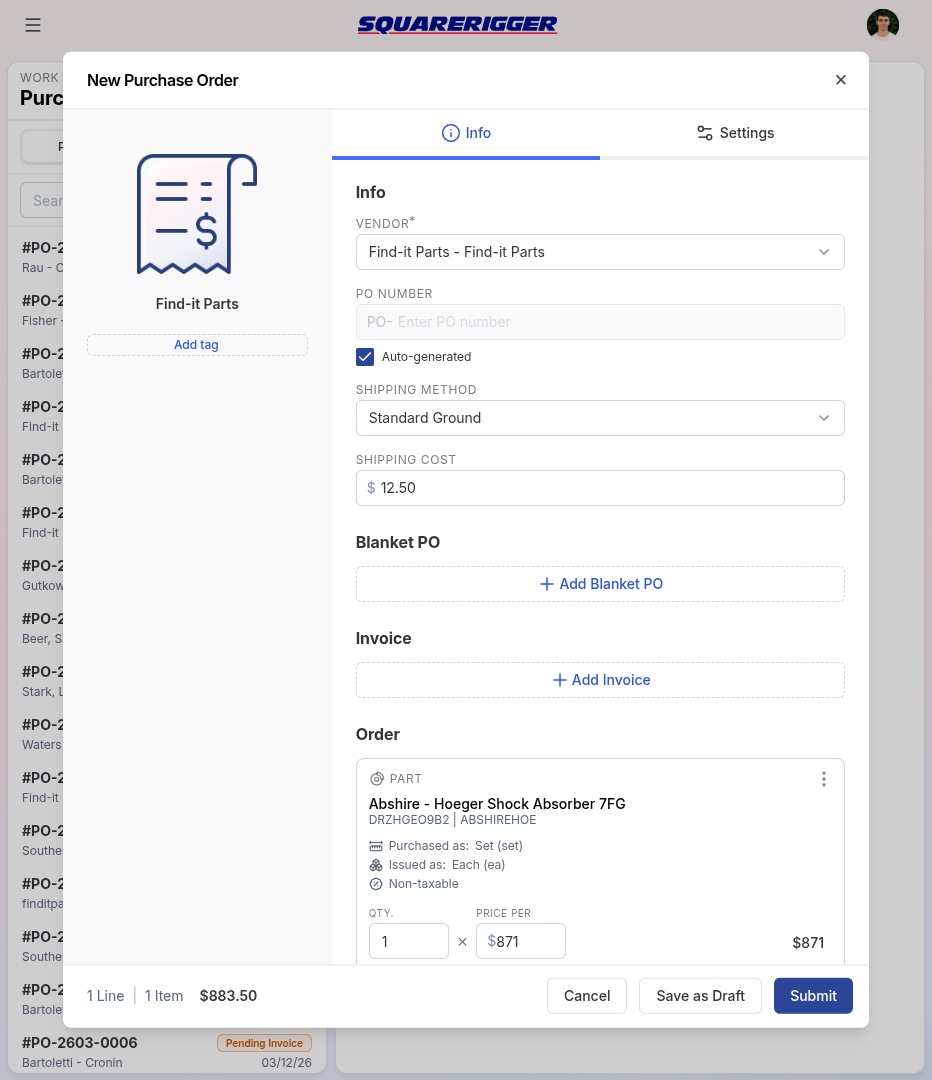 Squarerigger purchase order form with vendor, shipping, and part details