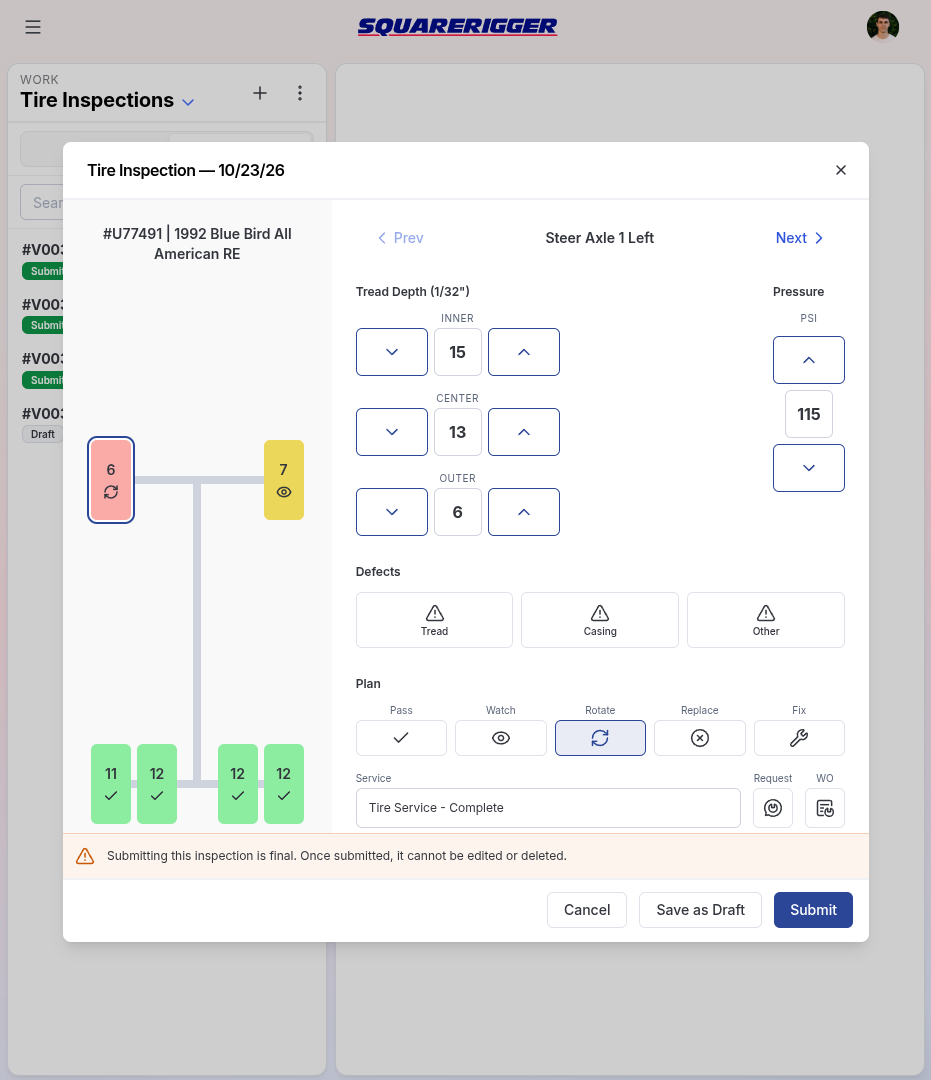 Squarerigger tire inspection with axle diagram, tread measurements, pressure, and service plan