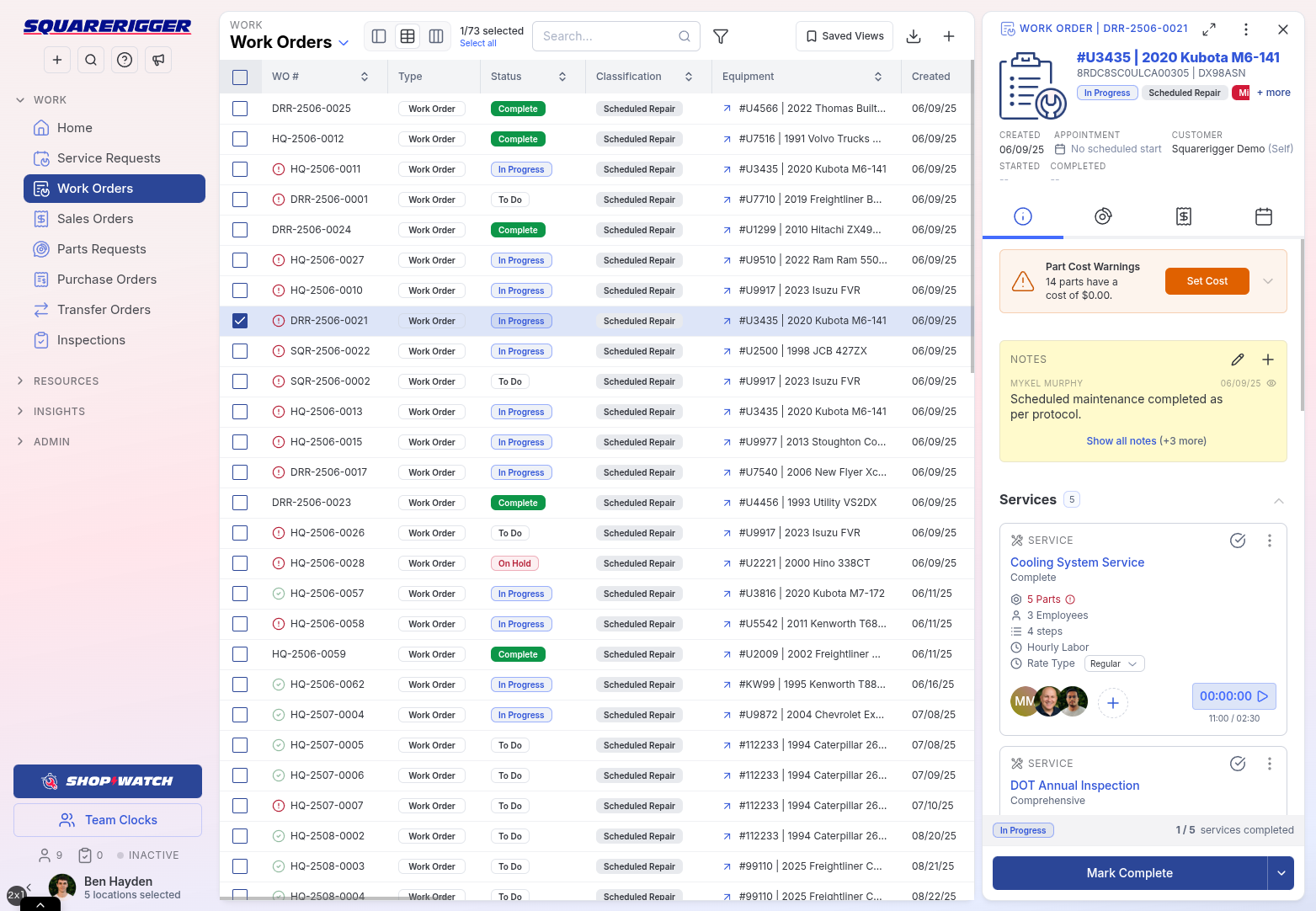 Squarerigger work orders table with a selected order, maintenance notes, and services in a detail panel