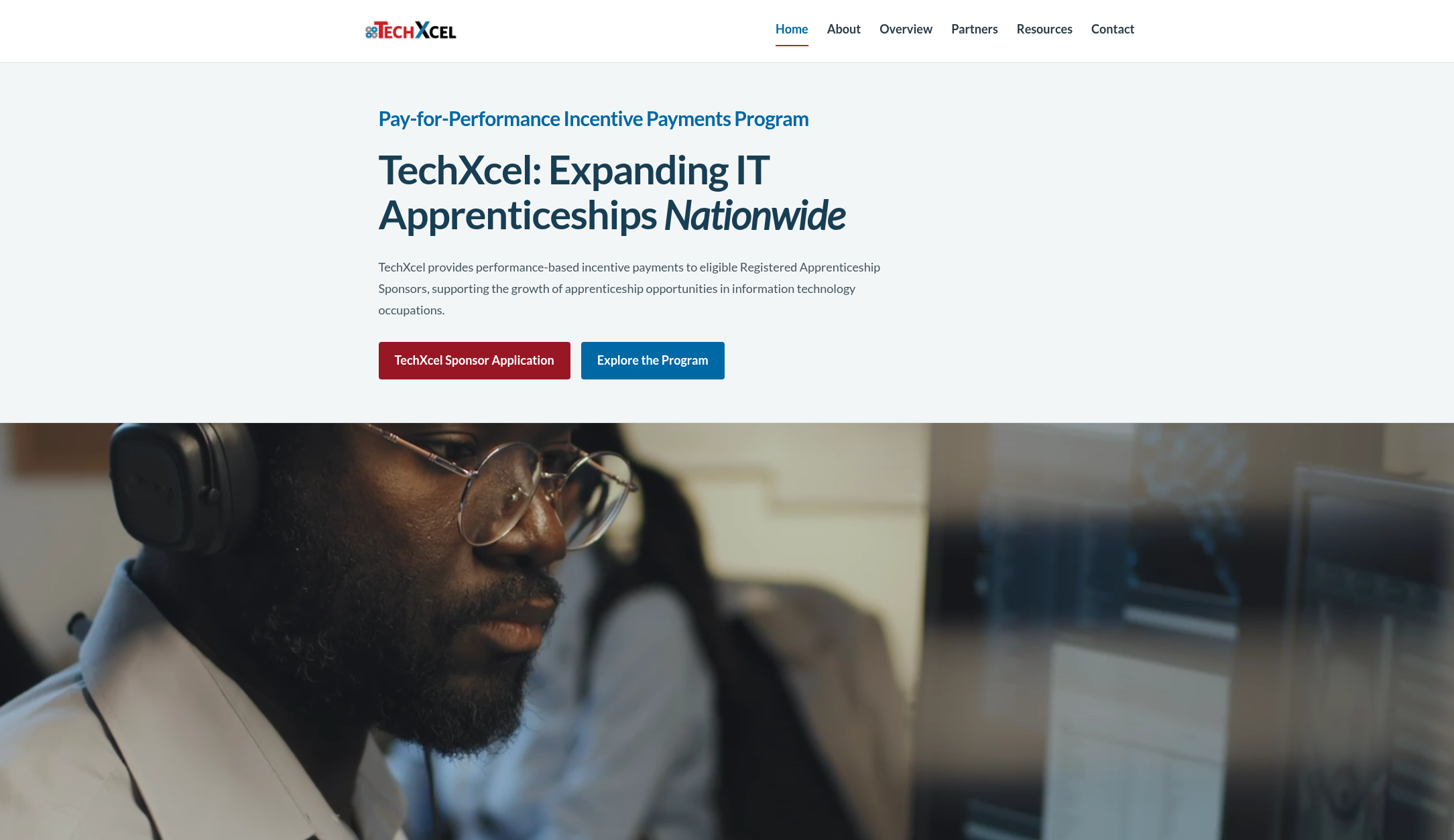 TechXcel homepage with program overview, sponsor application button, and apprenticeship video